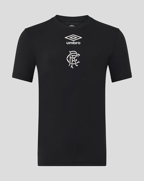 Front view of black Rangers men's presentation logo tee with Umbro diamond logo and club crest.