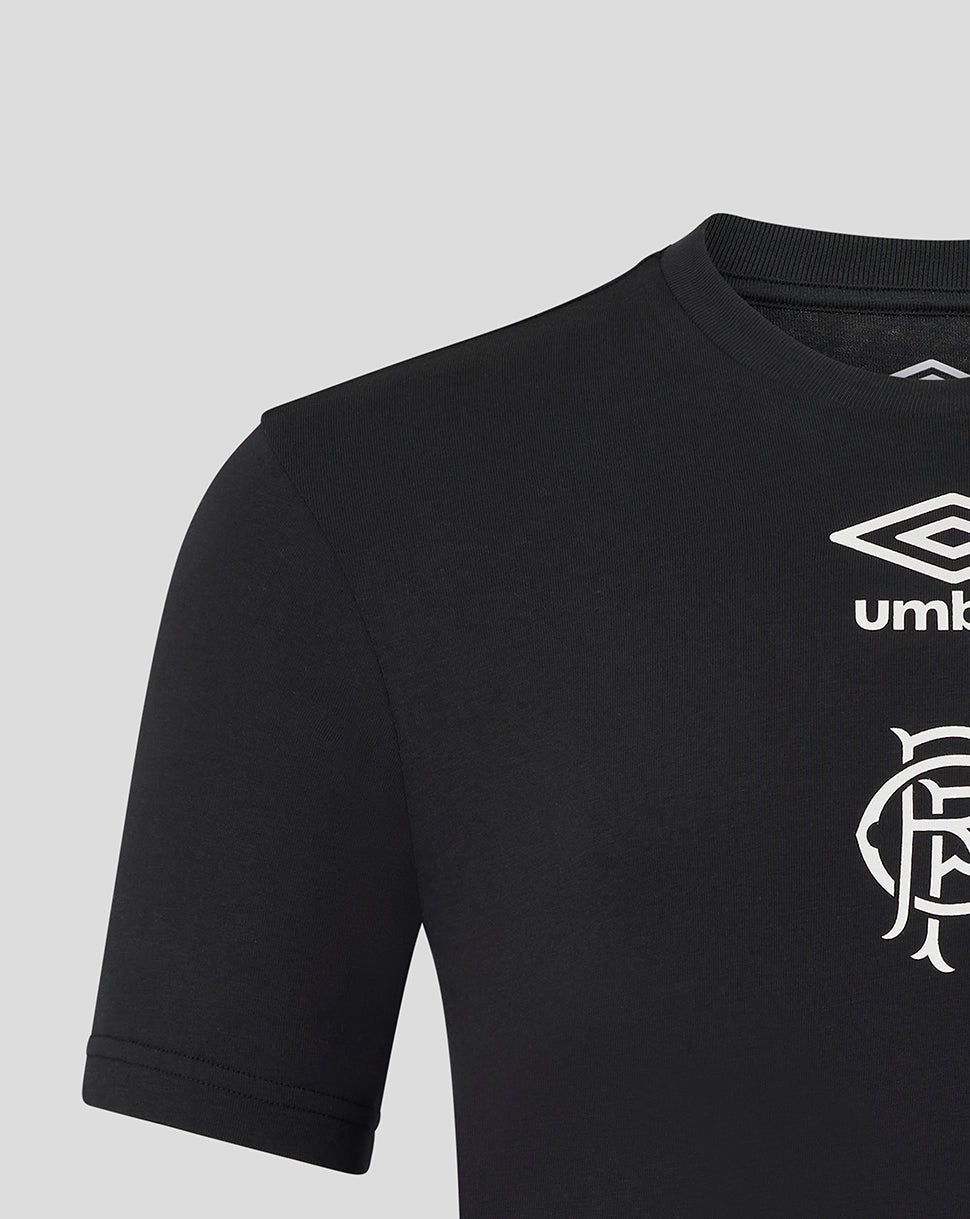 Close-up of chest area on black Rangers tee showing the Umbro diamond logo and Rangers club crest