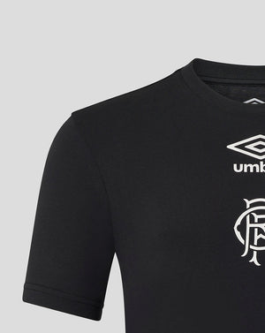 Close-up of chest area on black Rangers tee showing the Umbro diamond logo and Rangers club crest