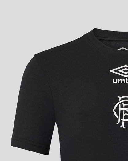 Close-up of chest area on black Rangers tee showing the Umbro diamond logo and Rangers club crest