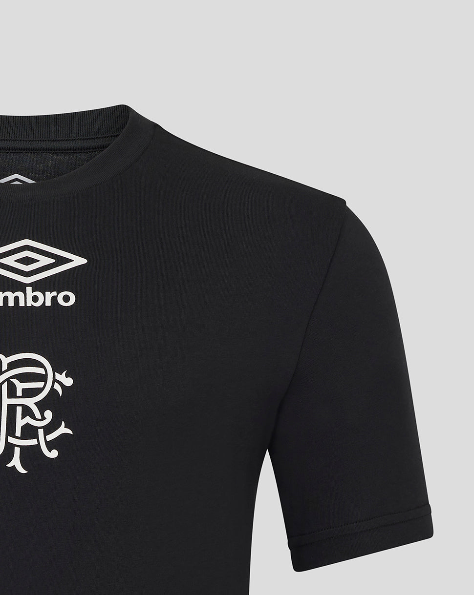 Black Rangers Presentation Logo Tee with white Umbro emblem and club crest on chest