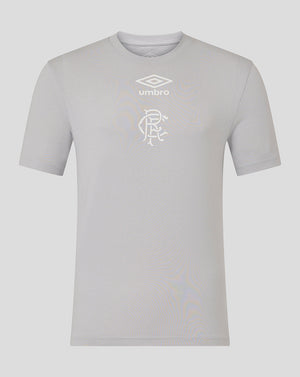 Front view of Rangers 25/26 Presentation Logo Tee in microchip grey with Umbro logo and Rangers crest