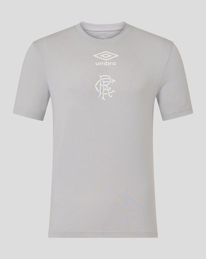Front view of Rangers 25/26 Presentation Logo Tee in microchip grey with Umbro logo and Rangers crest