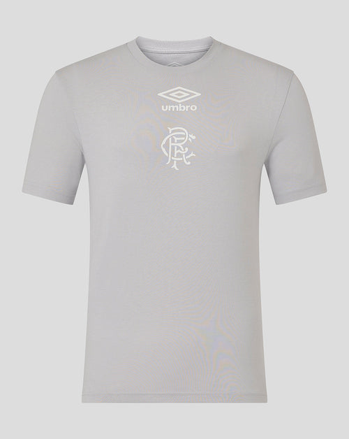 Front view of Rangers 25/26 Presentation Logo Tee in microchip grey with Umbro logo and Rangers crest