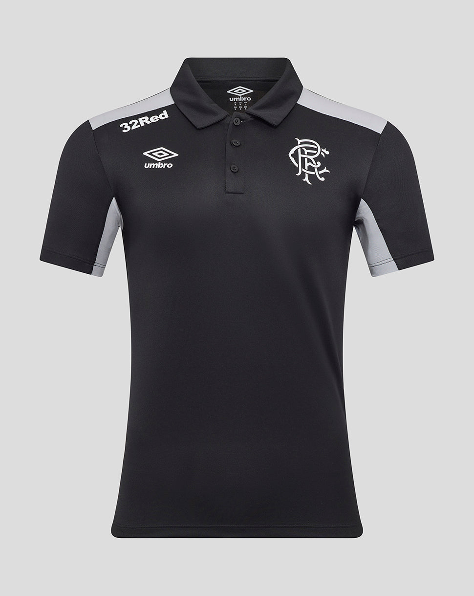 Front view of black Rangers 25/26 presentation polo with light grey shoulder panels and Umbro logos