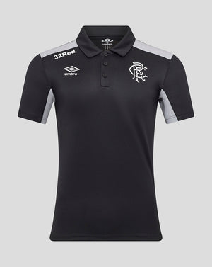 Front view of black Rangers 25/26 presentation polo with light grey shoulder panels and Umbro logos