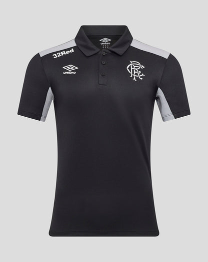 Front view of black Rangers 25/26 presentation polo with light grey shoulder panels and Umbro logos