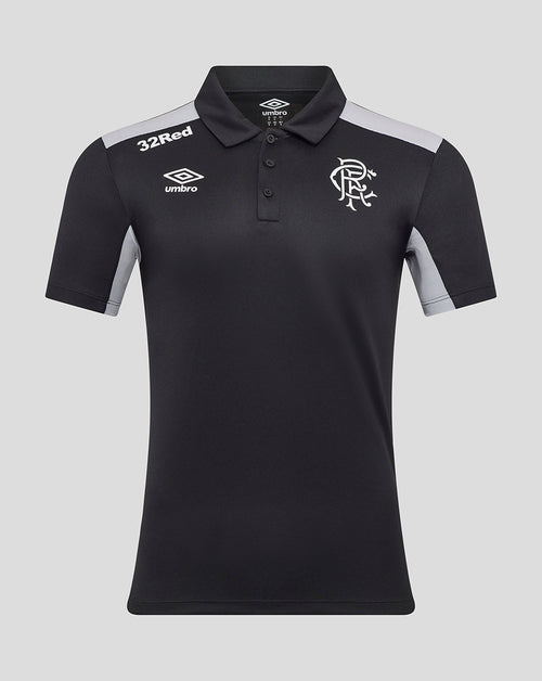 Front view of black Rangers 25/26 presentation polo with light grey shoulder panels and Umbro logos