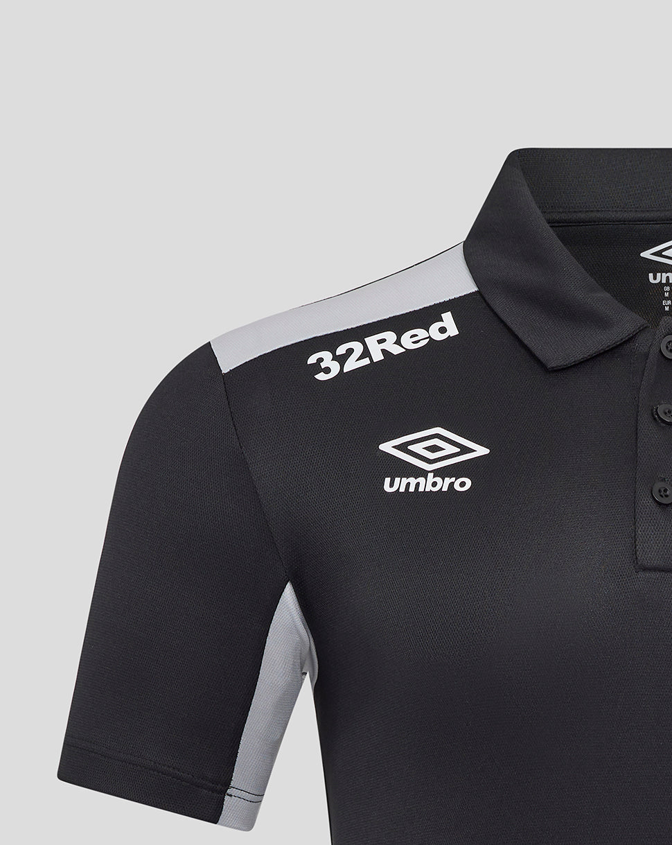 Close-up of black Rangers polo showing a shoulder panel and 32Red and Umbro logos on the chest