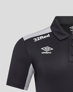 Close-up of black Rangers polo showing a shoulder panel and 32Red and Umbro logos on the chest