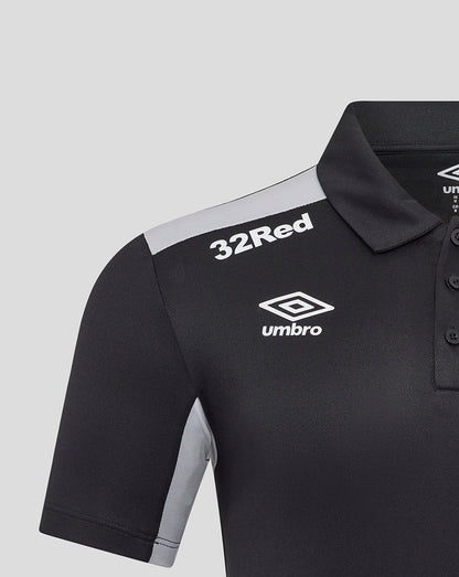 Close-up of black Rangers polo showing a shoulder panel and 32Red and Umbro logos on the chest