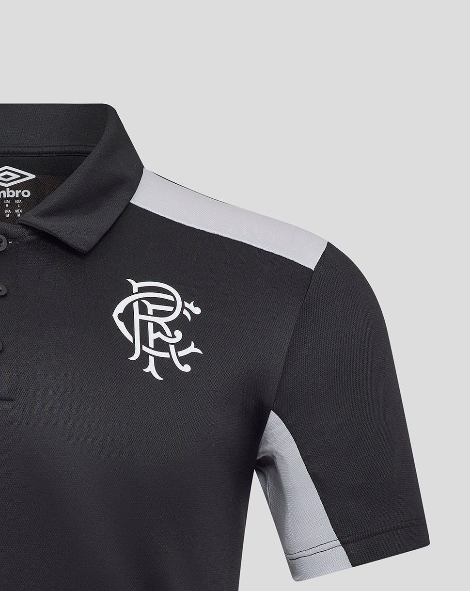 Rangers presentation polo in black with white club crest on left chest and light shoulder panel