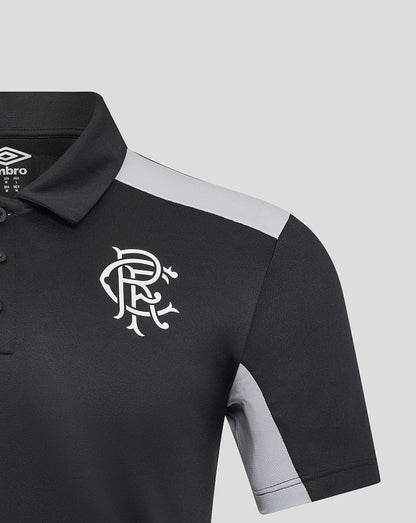 Rangers presentation polo in black with white club crest on left chest and light shoulder panel