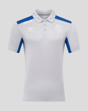 Rangers polo in light grey with blue shoulder panels, 32Red sponsor text and white club crest on chest.