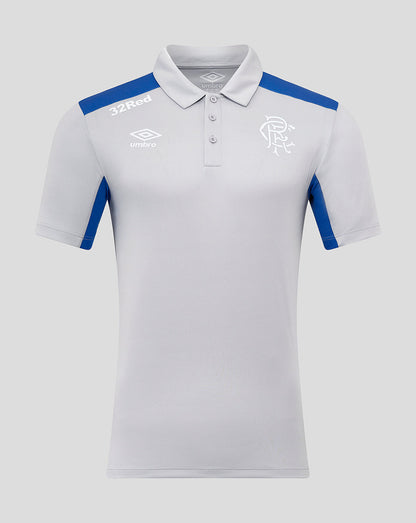 Rangers polo in light grey with blue shoulder panels, 32Red sponsor text and white club crest on chest.