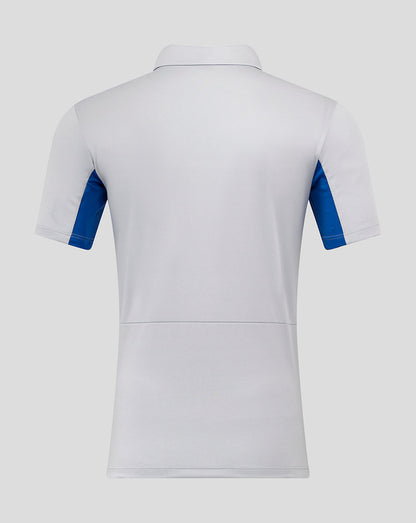 Back view of Rangers men's 25/26 Presentation Polo in white with blue sleeve panels.