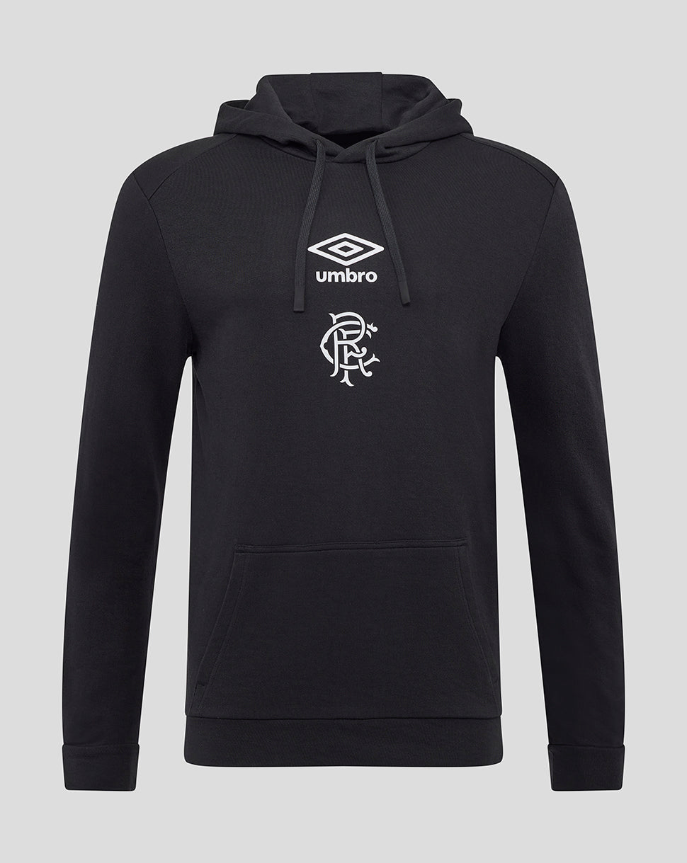 Front view of black Rangers hoodie with Umbro logo and club crest above the front pocket