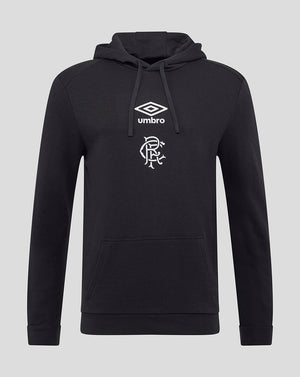 Front view of black Rangers hoodie with Umbro logo and club crest above the front pocket