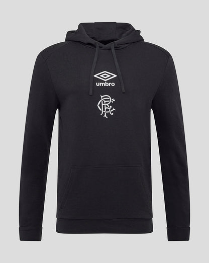 Front view of black Rangers hoodie with Umbro logo and club crest above the front pocket