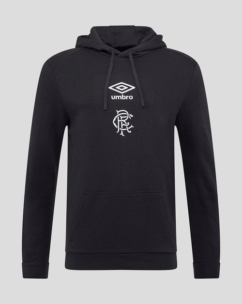 Front view of black Rangers hoodie with Umbro logo and club crest above the front pocket
