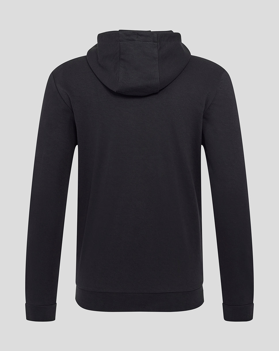 Back view of black Rangers hoodie with hood up and plain back.