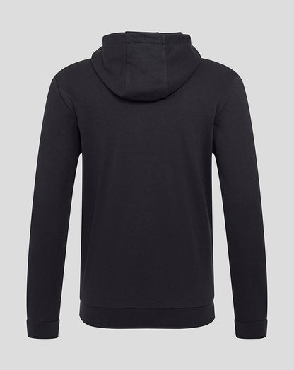 Back view of black Rangers hoodie with hood up and plain back.