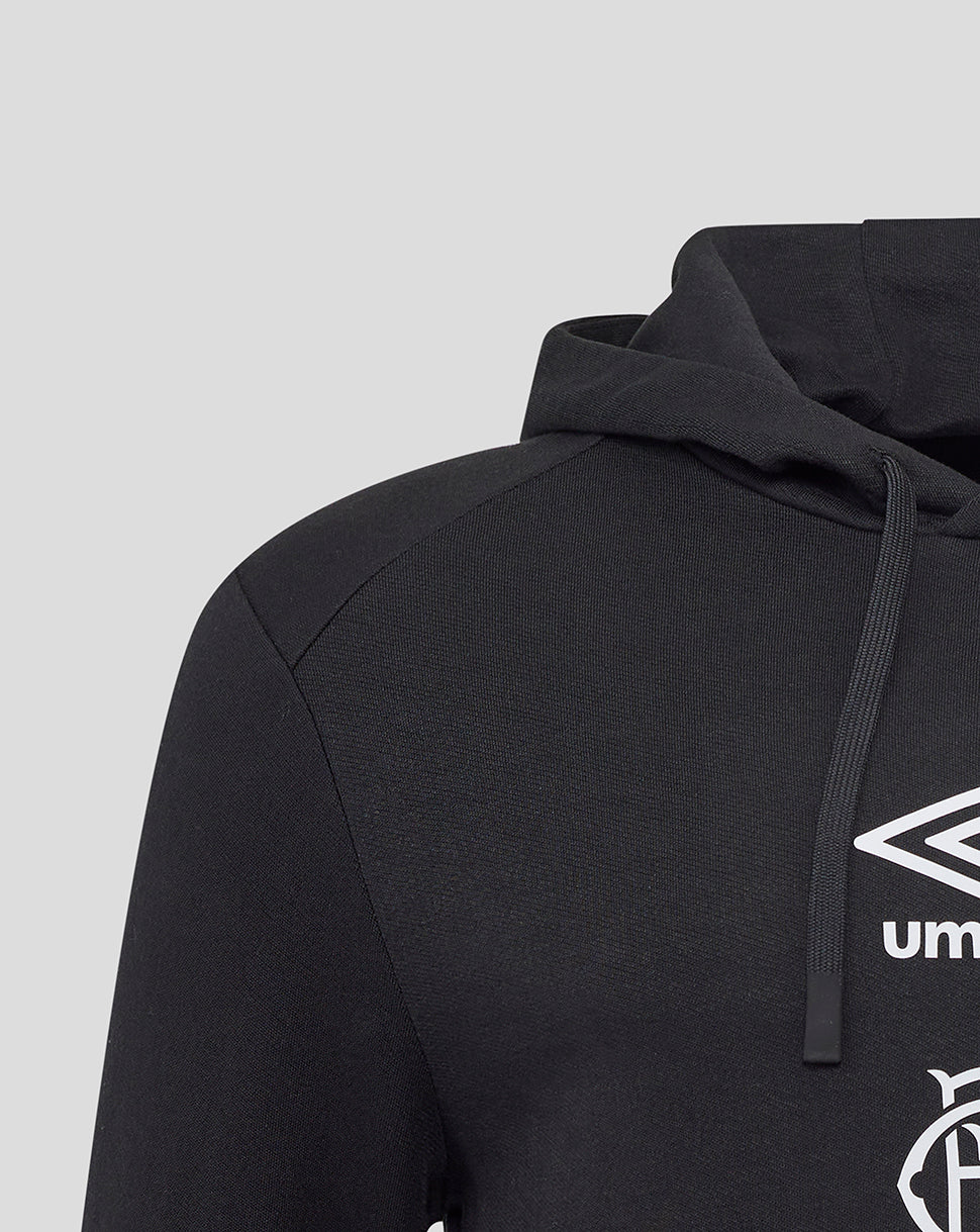 Close-up of black Rangers hoodie showing hood with drawstrings and Umbro club crest on chest