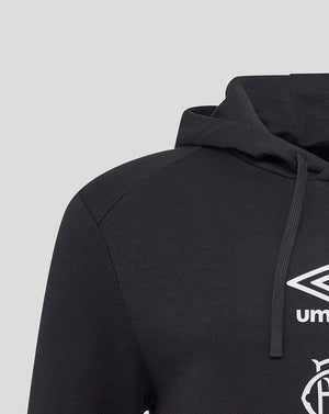 Close-up of black Rangers hoodie showing hood with drawstrings and Umbro club crest on chest