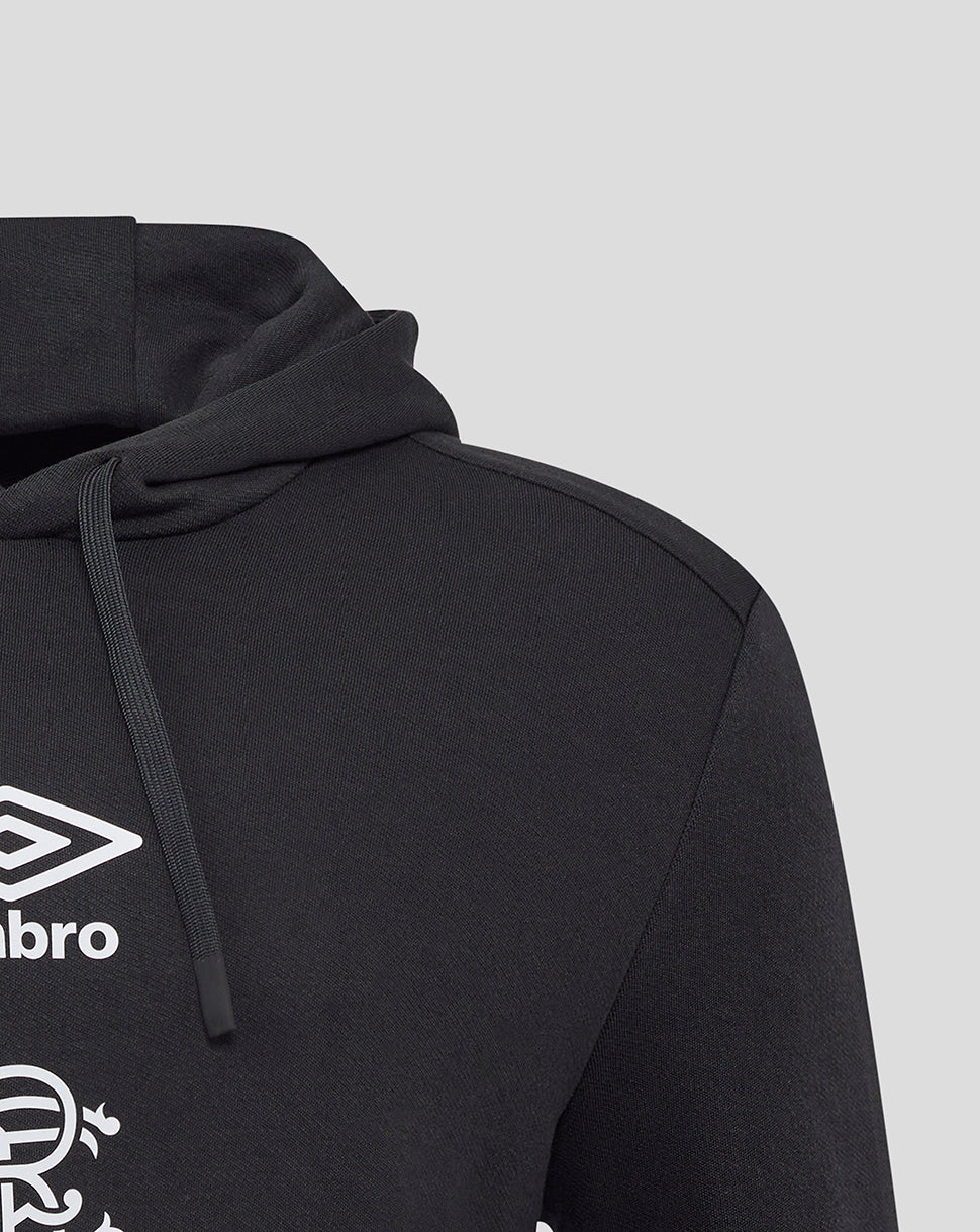 Close up of black Rangers hoodie showing drawstring hood and Umbro front print with club crest.