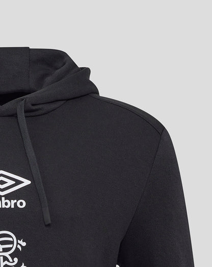 Close up of black Rangers hoodie showing drawstring hood and Umbro front print with club crest.