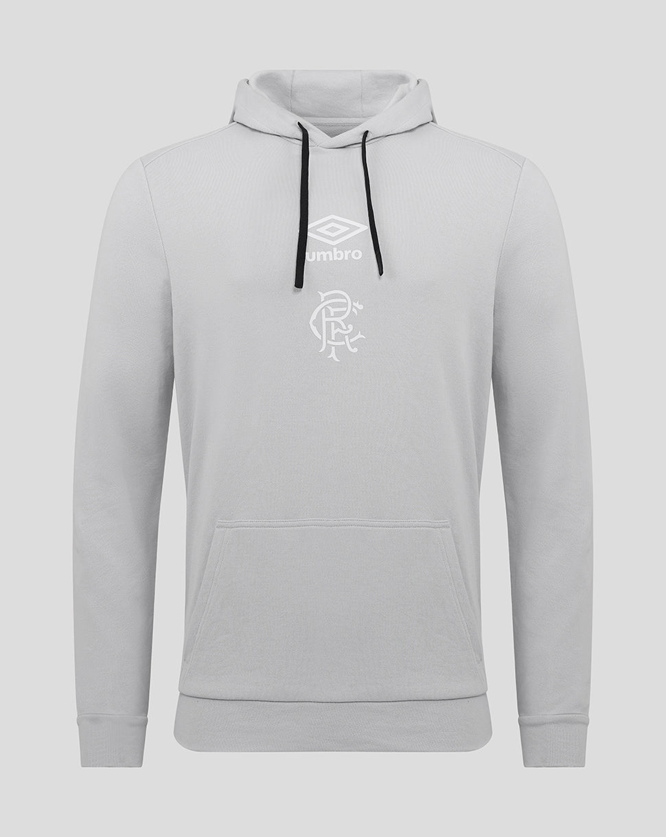 Light grey Rangers hoodie with Umbro logo and club crest on the chest, front pocket and black drawstrings