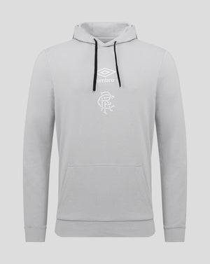 Light grey Rangers hoodie with Umbro logo and club crest on the chest, front pocket and black drawstrings