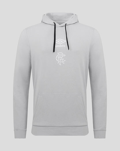 Light grey Rangers hoodie with Umbro logo and club crest on the chest, front pocket and black drawstrings