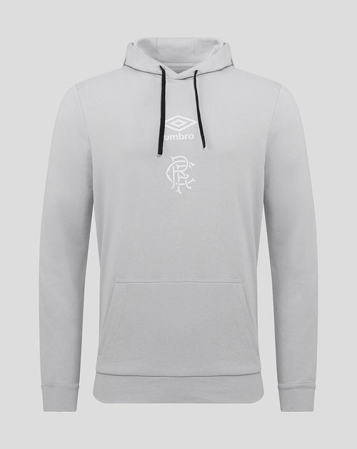 Light grey Rangers hoodie with Umbro logo and club crest on the chest, front pocket and black drawstrings