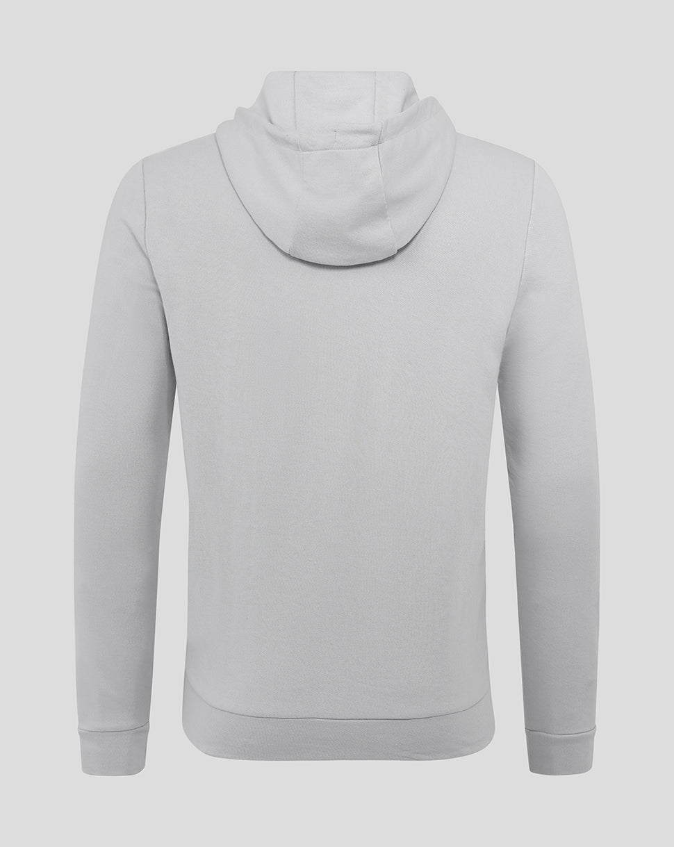 Back view of light grey Rangers hoodie with three panel hood and ribbed cuffs