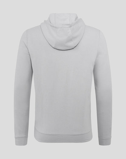 Back view of light grey Rangers hoodie with three panel hood and ribbed cuffs