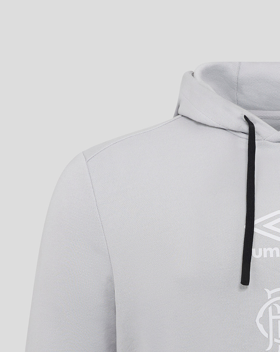 Close up of light grey Rangers hoodie showing hood with black drawcord and the Umbro logo on the chest