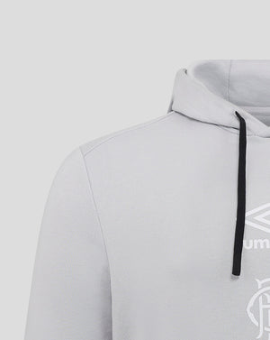 Close up of light grey Rangers hoodie showing hood with black drawcord and the Umbro logo on the chest
