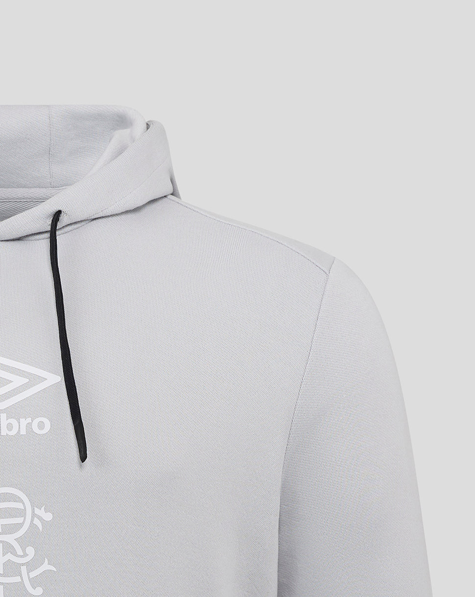Shoulder close up of light grey Rangers hoodie highlighting textured fabric and a white Umbro crest on the chest