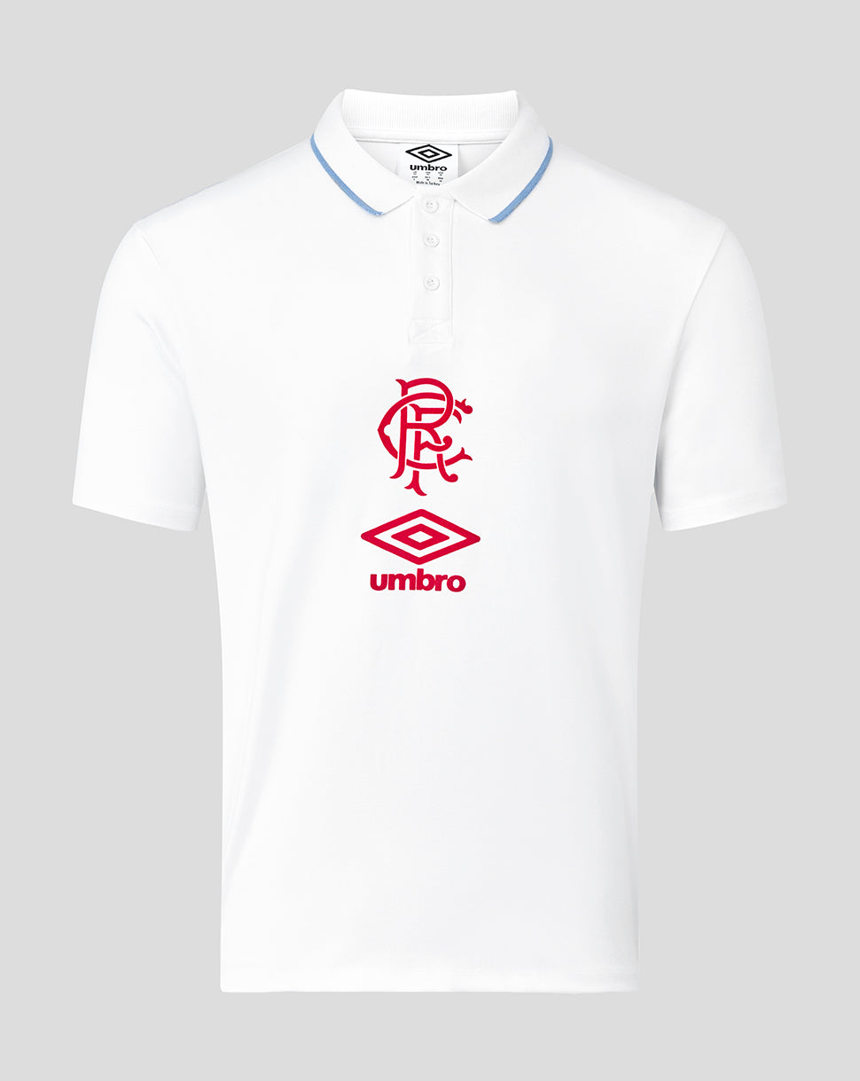 White Rangers travel polo with light blue collar trim and red club crest plus Umbro logo on the front.