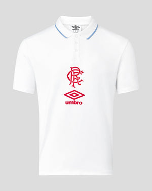 White Rangers travel polo with light blue collar trim and red club crest plus Umbro logo on the front.