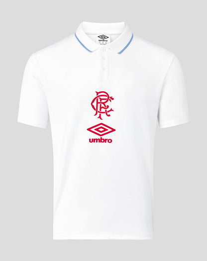 White Rangers travel polo with light blue collar trim and red club crest plus Umbro logo on the front.