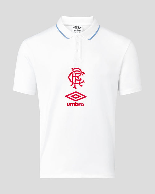White Rangers travel polo with light blue collar trim and red club crest plus Umbro logo on the front.