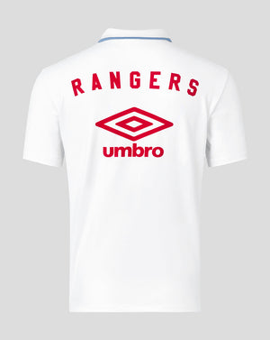 Back view of white Rangers polo with bold red RANGERS lettering across the upper back and Umbro logo beneath.