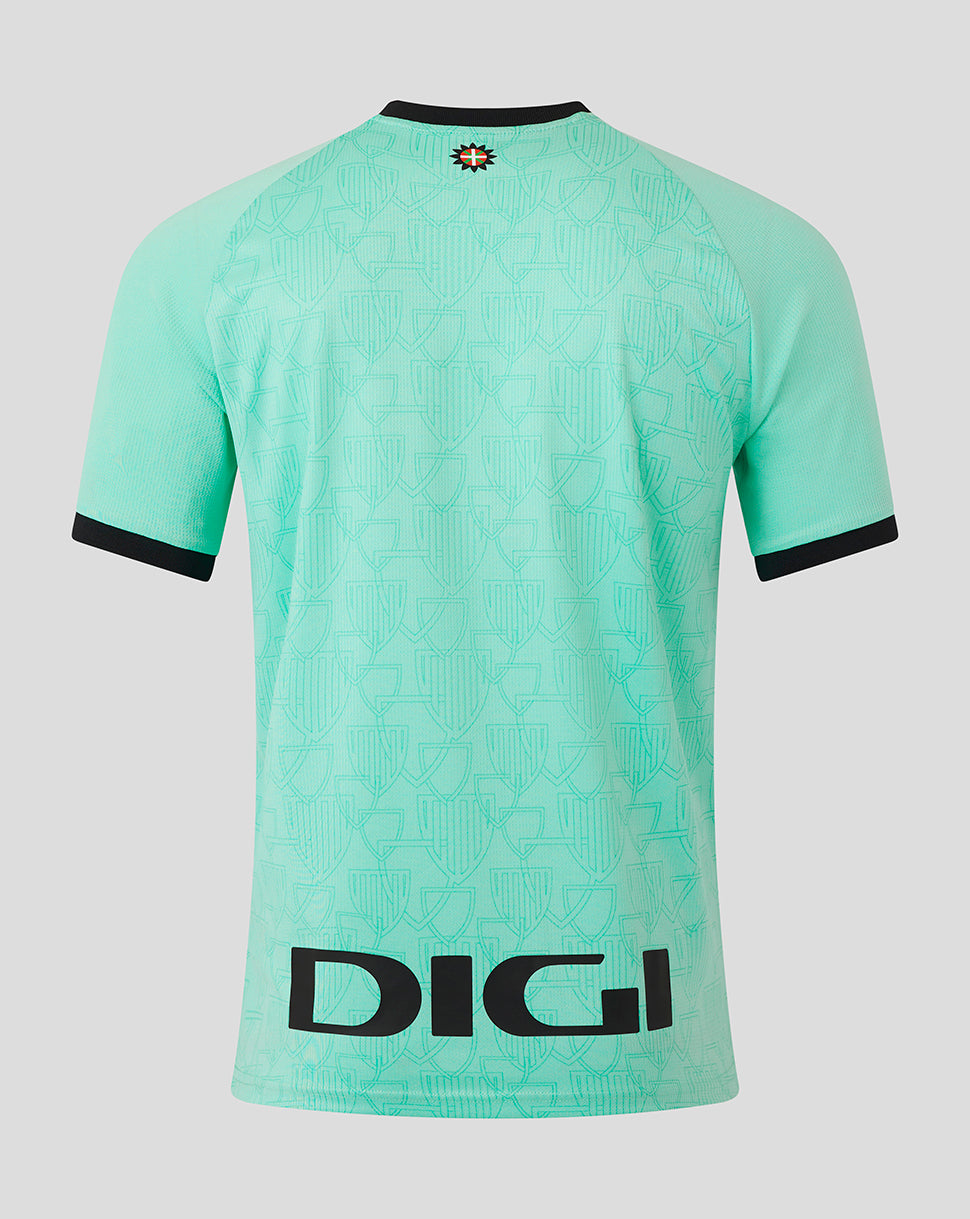 Back view of turquoise Athletic Club Third Shirt with small neck crest and allover pattern