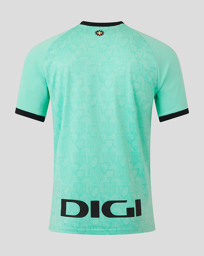 Back view of turquoise Athletic Club Third Shirt with small neck crest and allover pattern