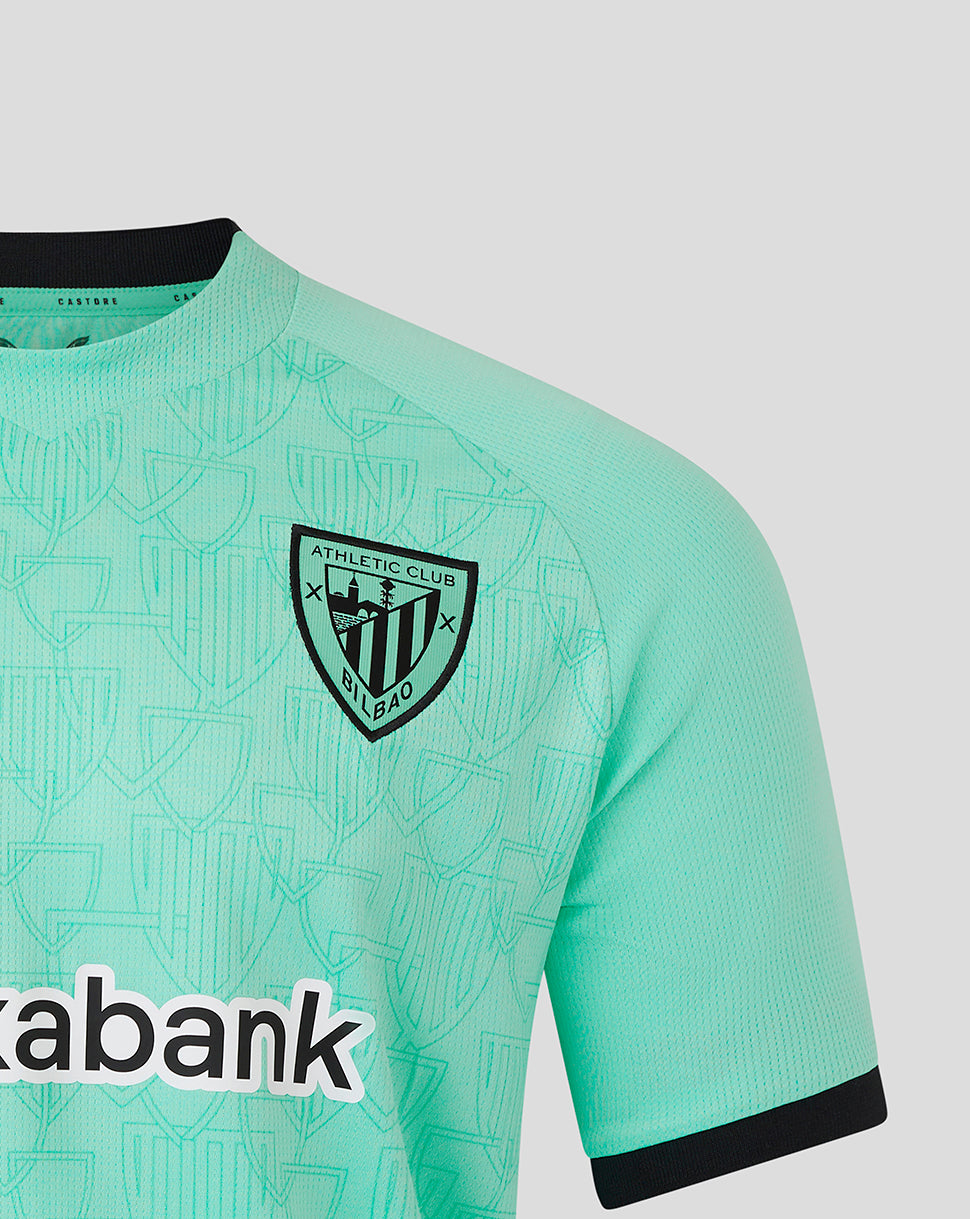 Close-up of turquoise Athletic Club Third Shirt highlighting left chest crest and sponsor across the front
