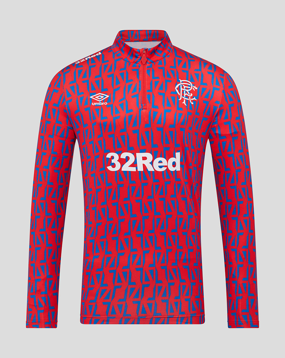 Front view of Rangers Men 25/26 Away Matchday 1/4 Zip with red blue geometric print 32Red sponsor and Umbro logos.