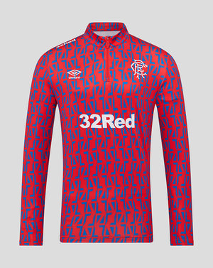 Front view of Rangers Men 25/26 Away Matchday 1/4 Zip with red blue geometric print 32Red sponsor and Umbro logos.