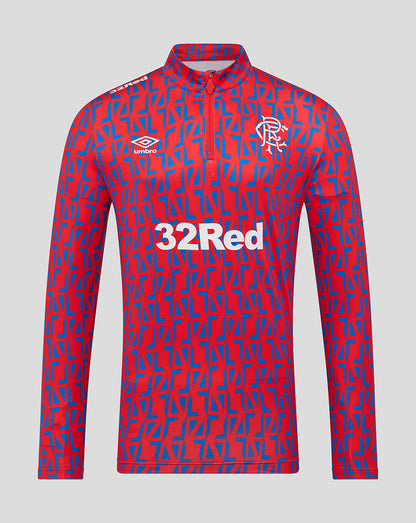 Front view of Rangers Men 25/26 Away Matchday 1/4 Zip with red blue geometric print 32Red sponsor and Umbro logos.